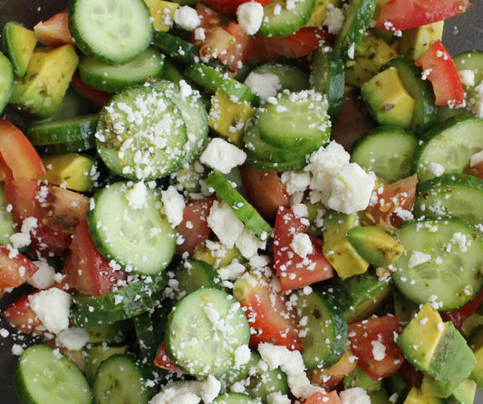 Cucumber, Avocado & Tomato Salad with Pesto Vinaigrette